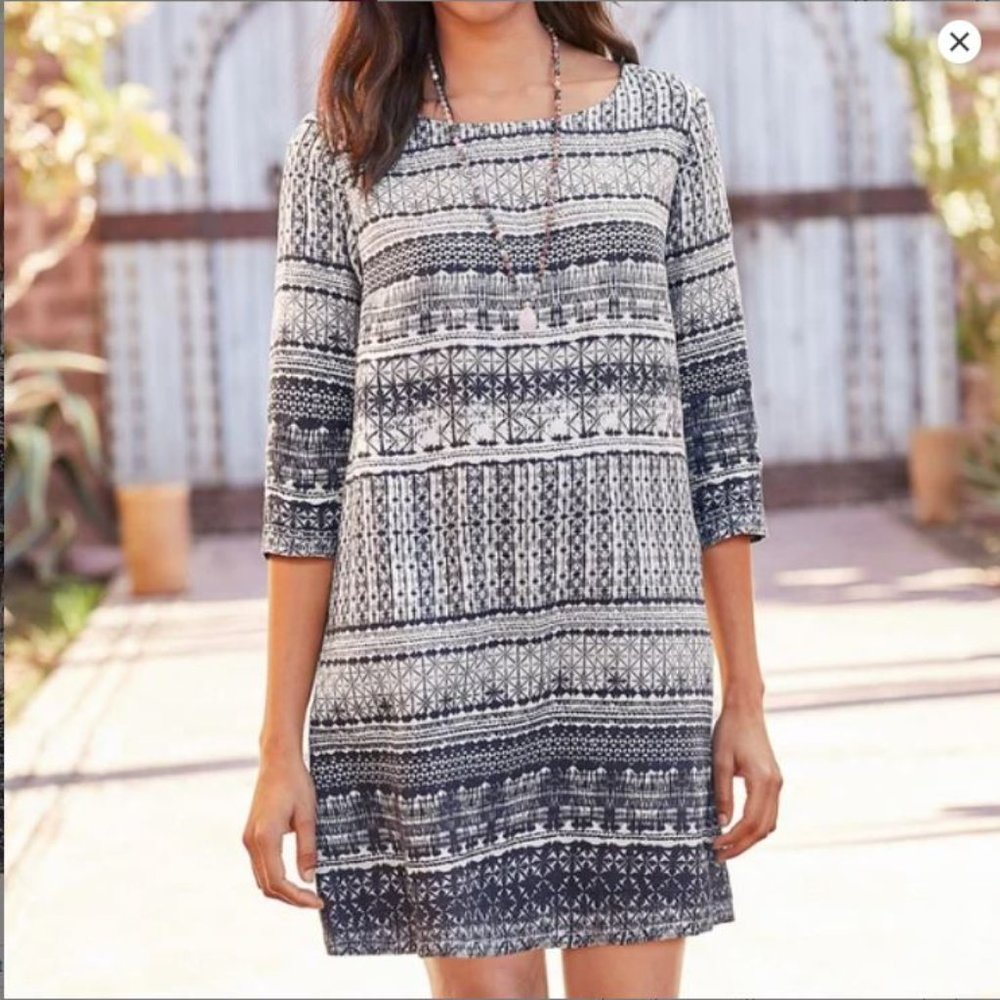 New GARNET HILL Three-Quarter-Sleeve Linen Dress Blue Ikat